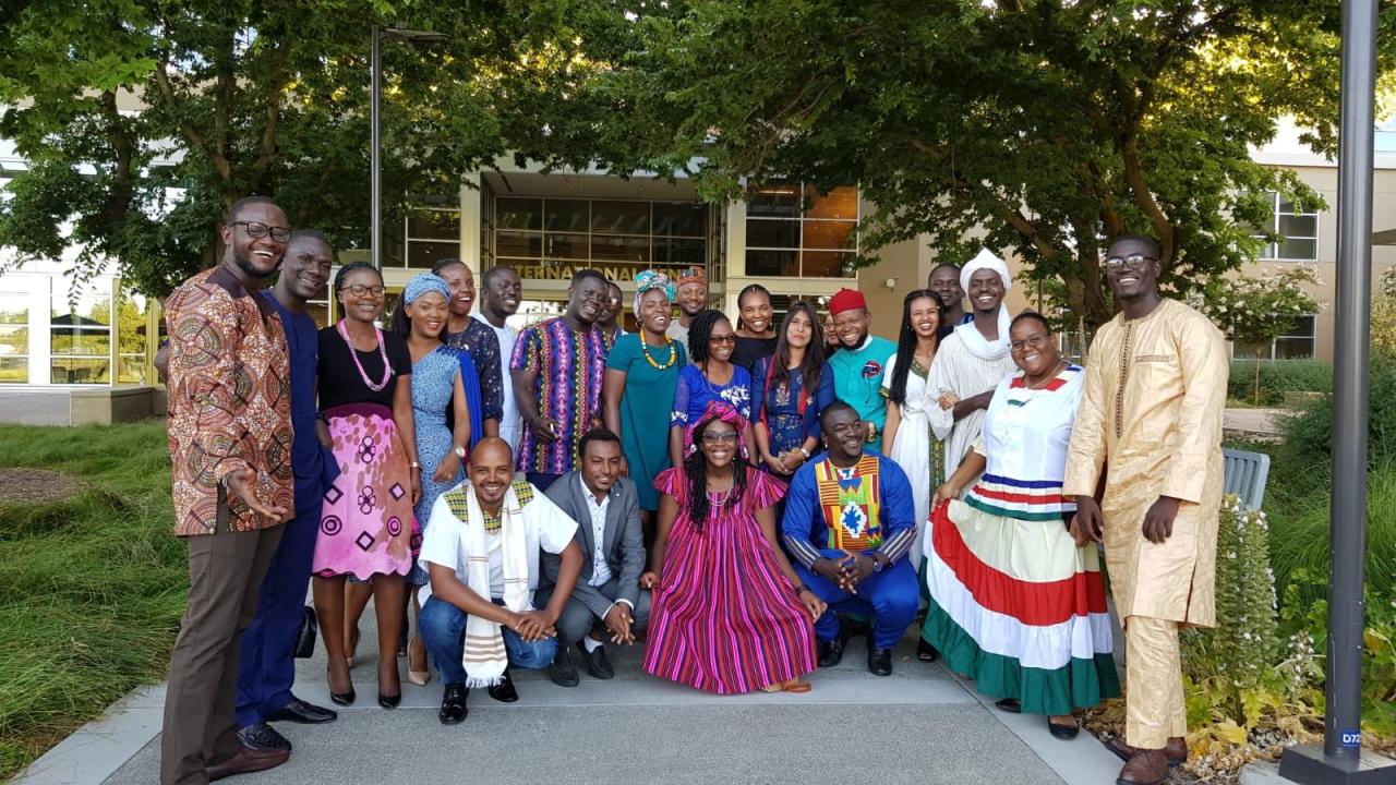 The 2019 UC Davis Mandela Washington Fellows in front of the International Center. group of african professionals in traditional attire