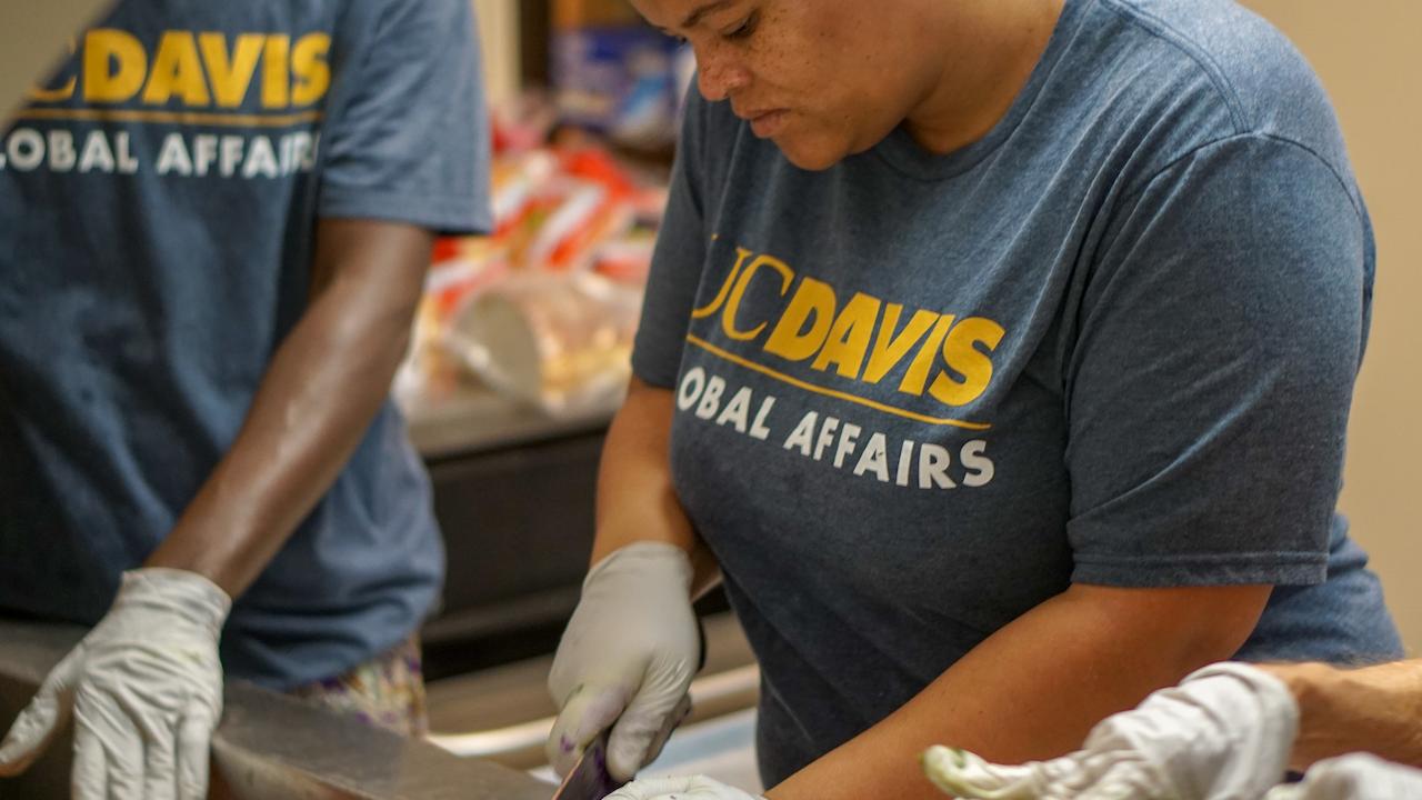 Minky Groenewald (Swaziland) chops vegetables to serve patrons of Davis Community Meals. Tene Goodwin/UC Davis. Minky Groenewald chops vegetables