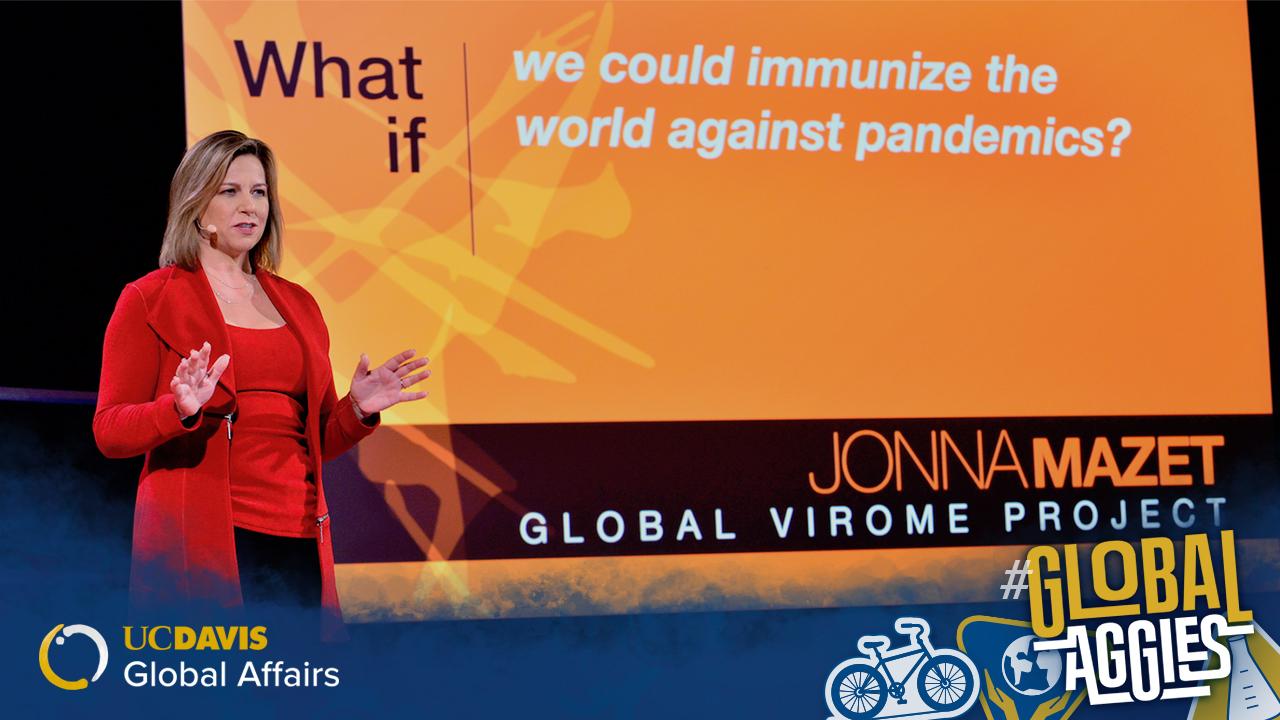 Jonna Mazet, One Health Institute founding executive director and professor of epidemiology and disease ecology at the UC Davis School of Veterinary Medicine. Professor Jonna Mazet giving a talk