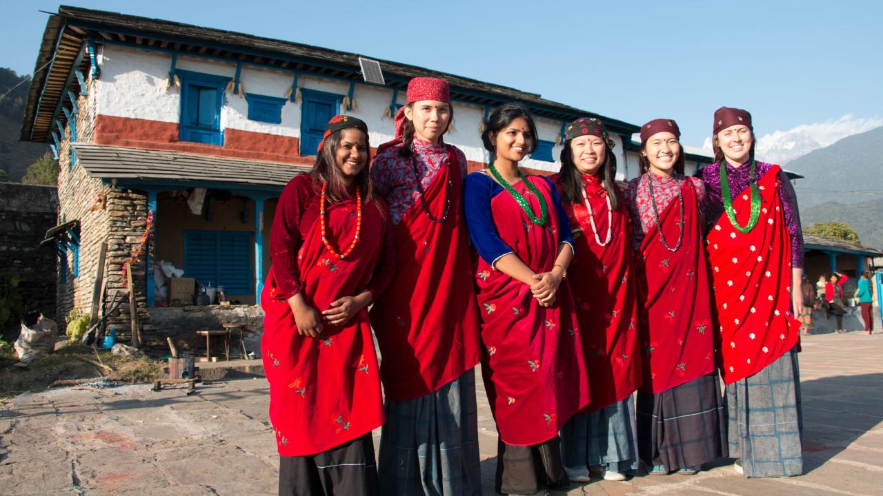 UC Davis and Napalese university students dressed by new local friends in traditional Gurung clothing during the inaugural Seminar Abroad in Nepal during winter 2017-18. UC Davis students in Nepal