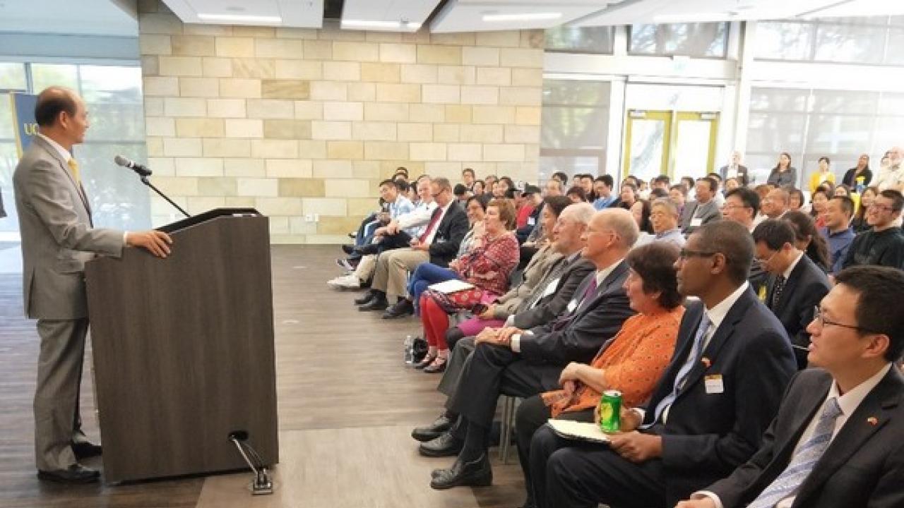 Photo courtesy of the Consulate-General of the People's Republic of China in San Francisco Consul General Luo Linquan providing lecture at International Center
