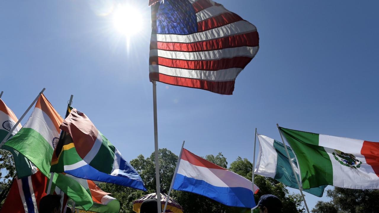 Flags being carried in the UC Davis Picnic Day Parade. Flags