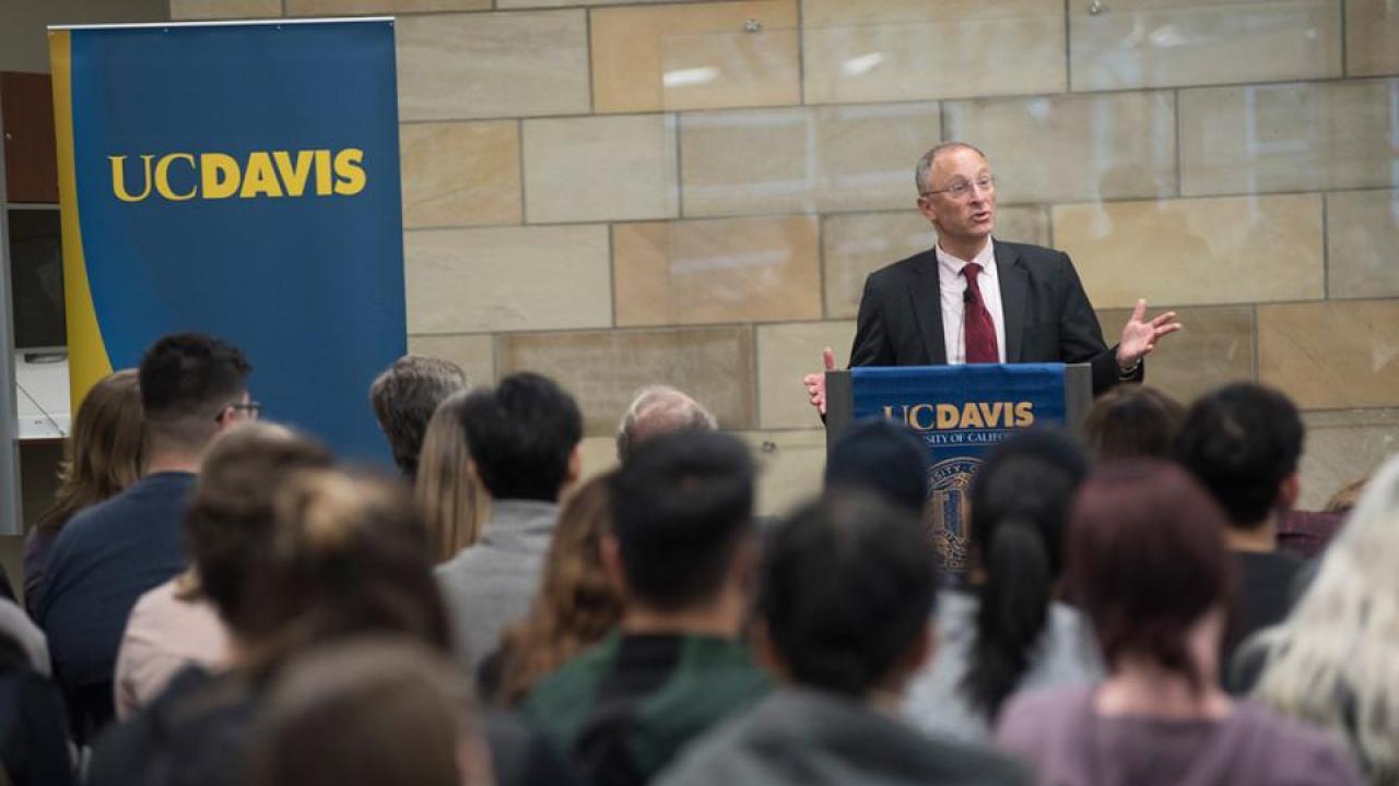 Interim Chancellor Ralph J. Hexter: “Our statements have affirmed our belief that individuals of all backgrounds are welcome and valued in our communities, and they will continue to be welcomed and valued.” (Karin Higgins/UC Davis) Hexter at forum