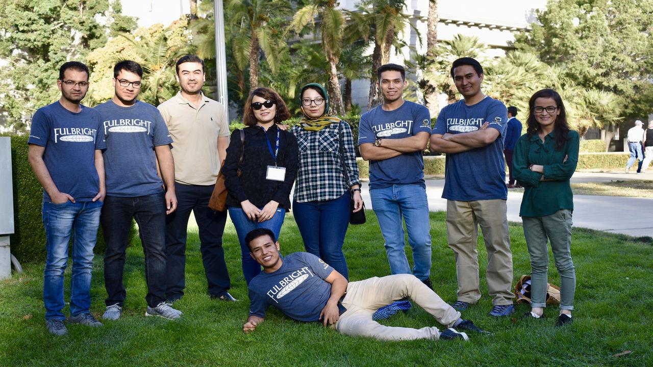 Fulbright Students posing for a photo outside the State Capitol in Sacramento. fulbright group photo