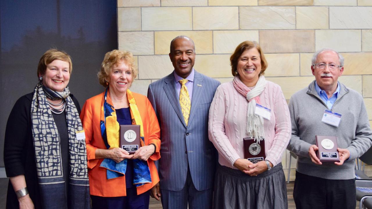 (L-R): Vice Provost and Associate Chancellor Joanna Regulska, Awardee Patricia Conrad, Chancellor Gary S. May, Awardee Rosalind Christian, and Awardee Paul Gepts, at the International Connections Reception at the International Center. 2017-18 Chancellor's Award Recipients with Chancellor