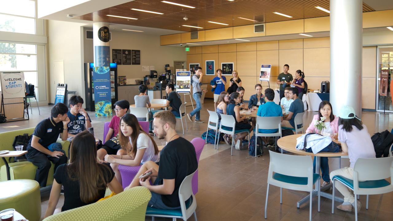 Students in the UC Davis International Center lobby. Students in International Center