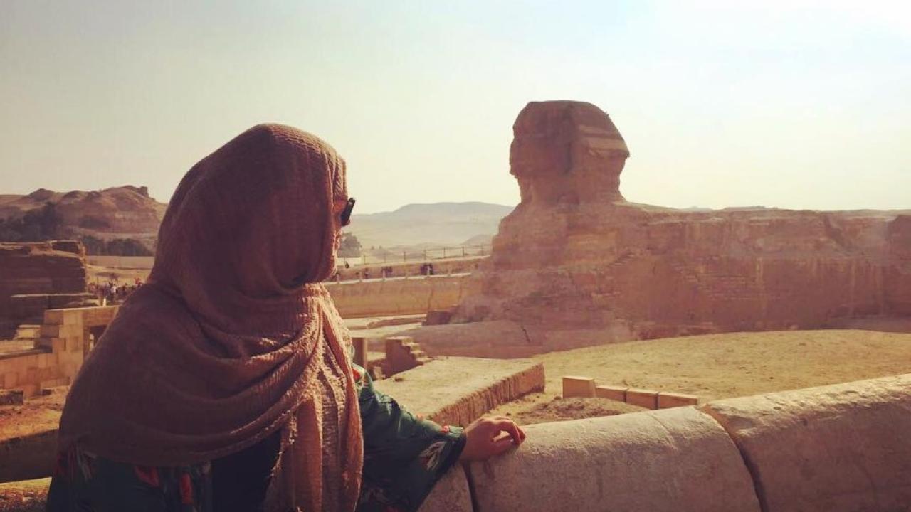 Araiba Khan visits the Great Sphinx of Giza during her time studying abroad on the UCEAP Middle East Studies Program in Amman, Jordan. (Photo courtesy: Araiba Khan) Araiba Khan at Great Sphinx